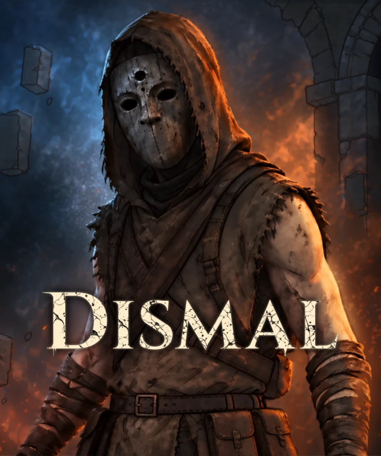 DISMAL key art: a hooded figure in a cracked wooden mask, the DISMAL title across their chest