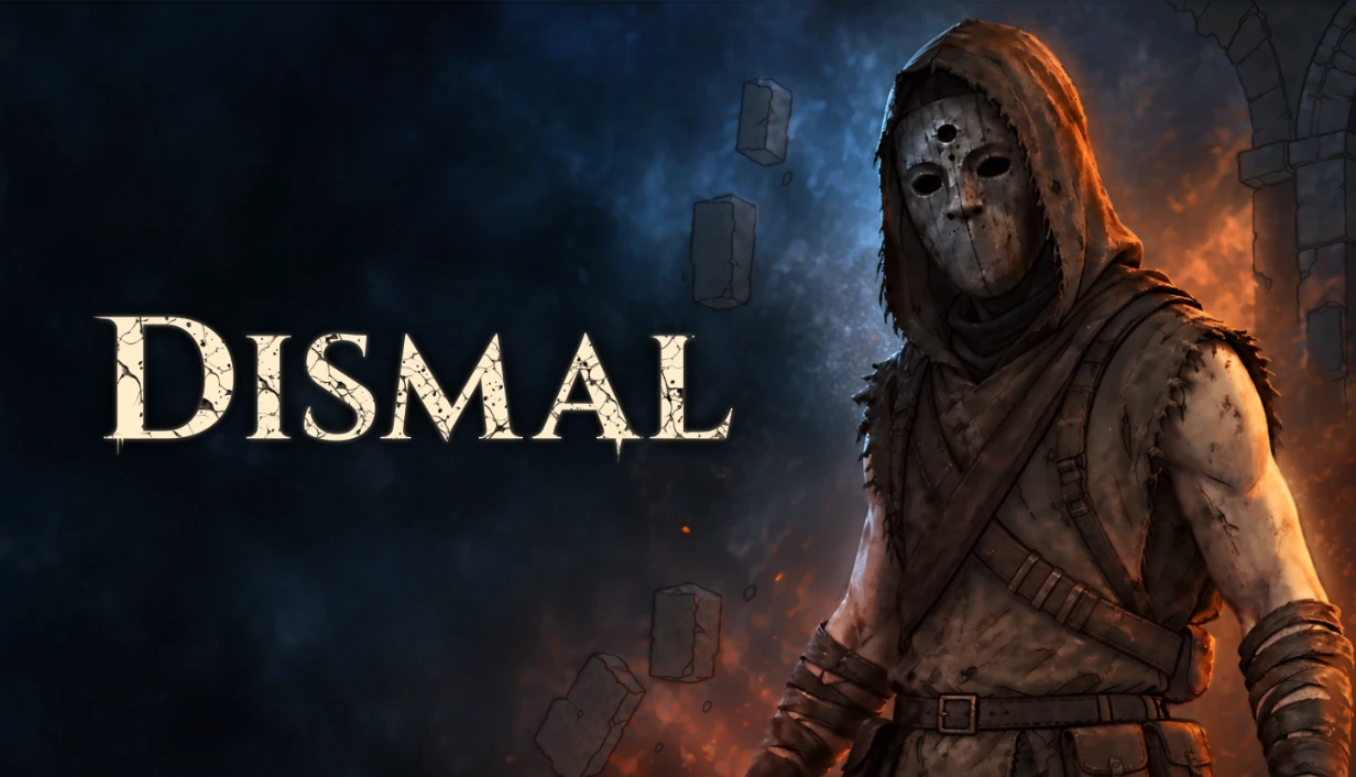 DISMAL key art: a hooded figure in a cracked wooden mask beside floating stones and a ruined arch